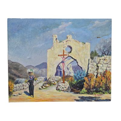 une peinture à l'huile représentant une femme portant une croix devant une église