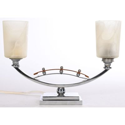 LAMPE DE BUREAU ART DECO en métal argenté et cuivré à 2 lumi… - Photo 1