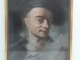 portrait of a man in a black hat and white shirt in a gold frame