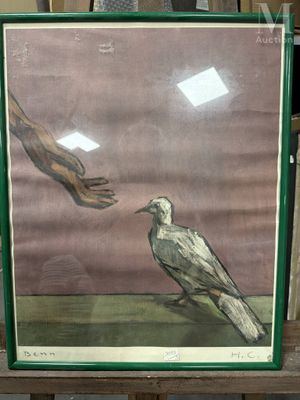 tableau représentant un oiseau posé sur une table, avec une main tendue vers l'oiseau