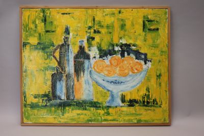 painting of a bowl of oranges on a table with a bottle of wine in the background