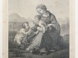 un vieux dessin en noir et blanc représentant une femme tenant un enfant dans ses bras