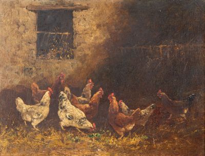 tableau représentant un groupe de poulets dans une cour de ferme, avec une grange en arrière-plan