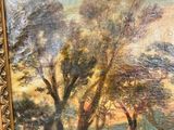 an oil painting of a landscape with trees in the foreground