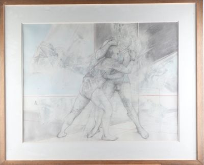 dessin encadré représentant un couple s'étreignant dans un salon