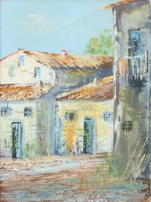 an oil painting of a street scene with a horse and a building
