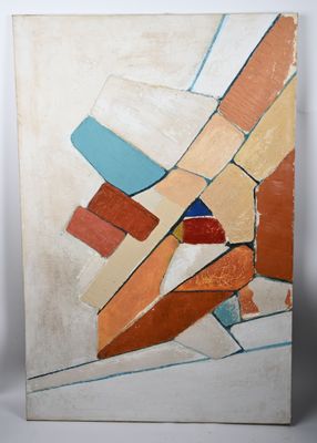 an abstract painting of blocks and shapes on a white background