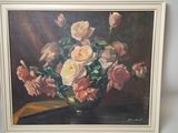 painting of roses in a vase on a table in a white frame