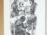 drawing of a group of people sitting around a table in a room