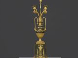 une image représentant un vase doré et noir posé sur un socle blanc