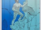 an illustration of a man climbing up a cliff with a blue sky in the background