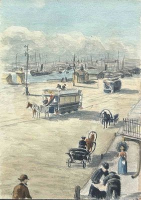 un tableau représentant une scène de rue avec des passants et une calèche