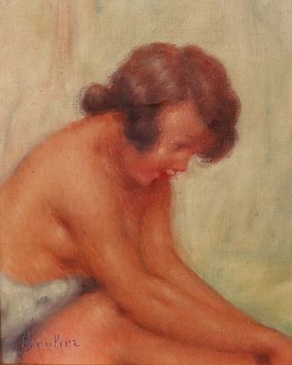 une peinture à l'huile représentant une femme assise sur un lit, les jambes croisées