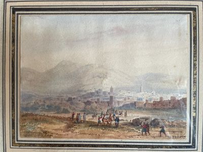 tableau représentant une vue d'une ville avec des personnes à cheval