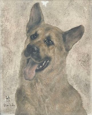 tableau représentant un chien brun avec un grand sourire sur le visage