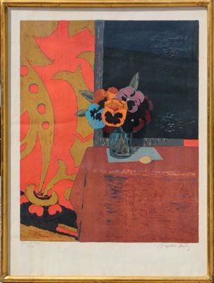 peinture d'un vase de fleurs sur une table devant une fenêtre