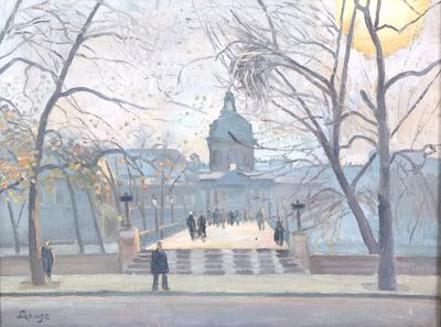 un tableau représentant des personnes se promenant dans un parc, avec une tour horloge en arrière-plan
