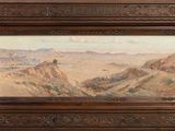 a painting of a landscape with mountains and trees in a wooden frame