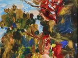 an oil painting of a landscape with trees and a red boat