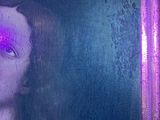 painting of a woman ' s face in a purple frame with a purple light