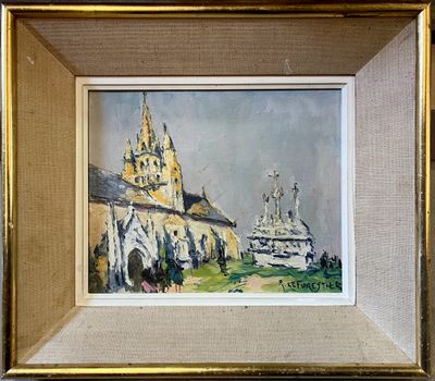 tableau représentant une vieille église avec un clocher en arrière-plan