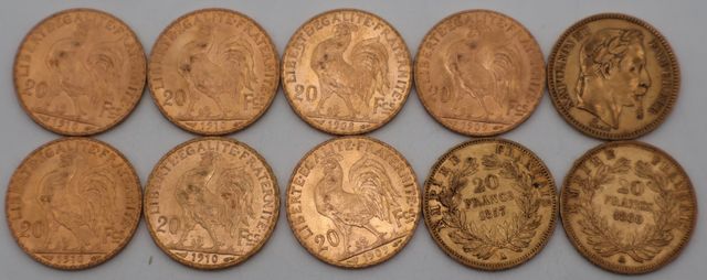 Dix pièces de monnaie en or à valeur faciale de vingt francs (dif...