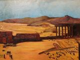 une peinture à l'huile représentant une scène de désert avec un train qui passe