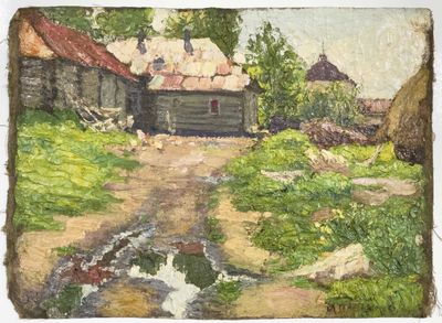 une peinture à l'huile représentant une scène de vie à la ferme traversée par un ruisseau
