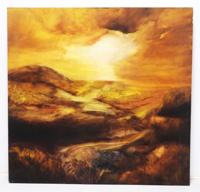 an oil painting of a landscape with hills and clouds in the background