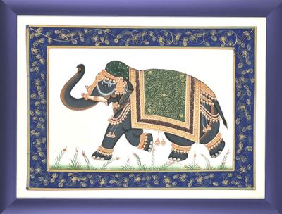 tableau représentant un éléphant dans un cadre bleu sur fond violet