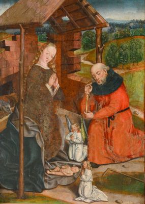 une image représentant une peinture d'une crèche avec une femme et un enfant
