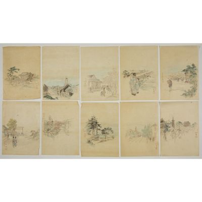 a set of six chinese ink drawings of a landscape
