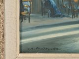 an oil painting of a street scene with people sitting at a table