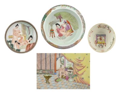 four different plates with asian designs on them on a white background