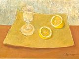 a painting of two lemons and a glass on a table