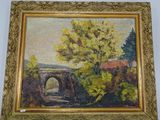 an oil painting of a bridge over a river with trees in the foreground