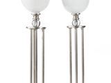 deux lampes de table en métal argenté, munies d'abat-jours en verre blanc