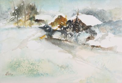 peinture représentant un paysage enneigé avec une maison au premier plan