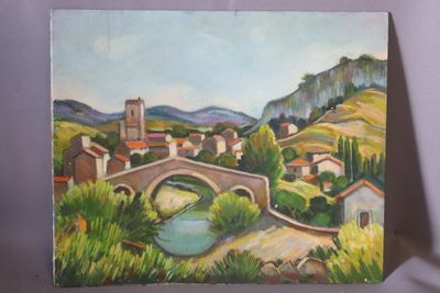 Max TOUTAIN (1935-2006), "Le vieux pont", huile sur carton n…