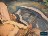 a painting of a man holding an umbrella in his lap