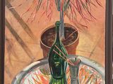 tableau représentant une bouteille verte contenant une plante, posée sur une table