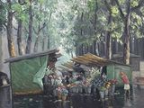 un tableau représentant un vendeur ambulant vendant des fleurs sous la pluie