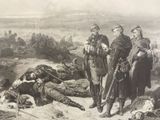 an old picture of a group of men standing around a dead man