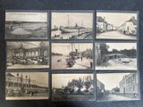 several old black and white photographs of a city with people on the street