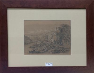 framed picture of a mountain landscape with a river in the foreground and a mountain range in the background