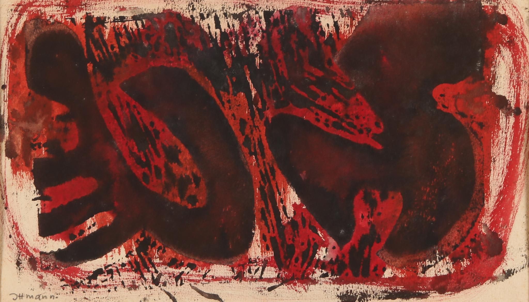 Hans ITTMANN (1914-1972) Composition abstraite rouge Encre et gouache, cachet d'atelier en bas à gauche. 16 x 26 cm