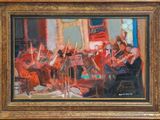 une peinture à l'huile représentant un orchestre jouant dans une grande salle