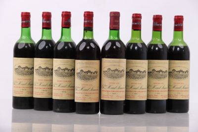 six bottles of red wine lined up in a row