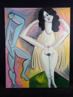 a painting of a woman standing in front of a man