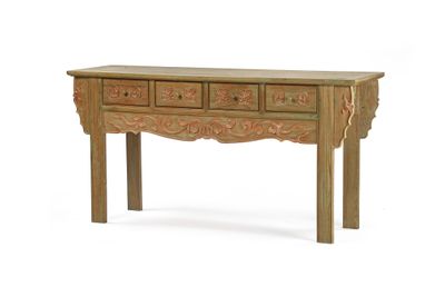 Table desserte en bois laqué vert à décor sculpté de rinceau…